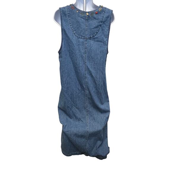 Vintage 90s Christopher & Banks M Denim Jean Midi Dress Embroidered Acorn Fall - Picture 3 of 5